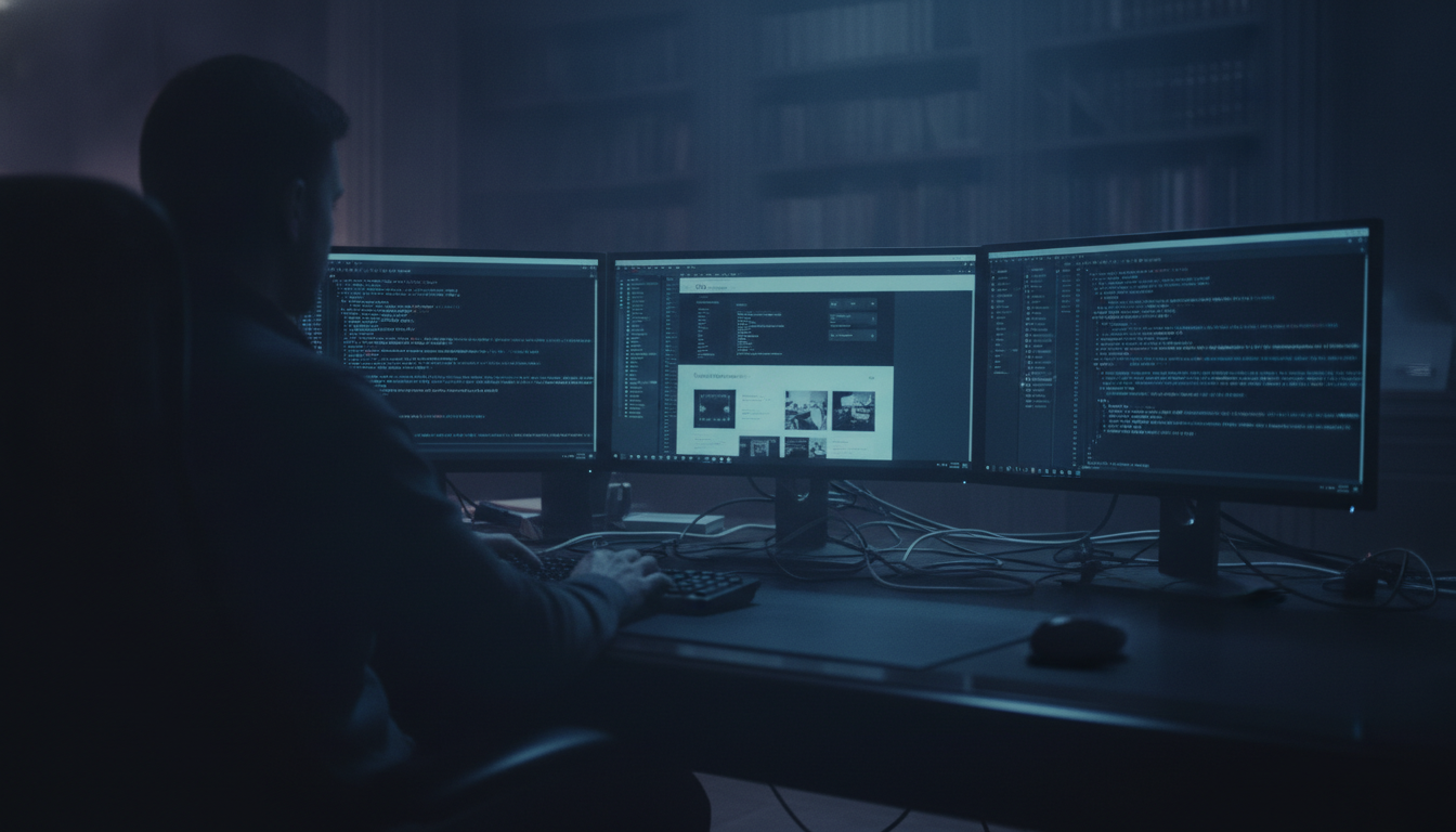 Developer reviewing Salesforce Commerce Cloud storefront code on multiple monitors