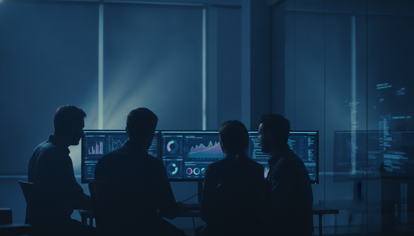 Engineering team in a meeting reviewing e-commerce performance metrics across multiple monitors