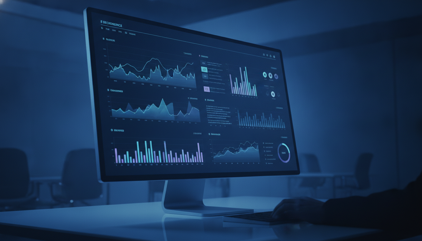 VTEX admin panel showing e-commerce performance charts on a dark screen